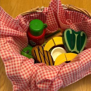 Kids Wicker Picnic Basket with Red Gingham Liner and Play Wooden Food